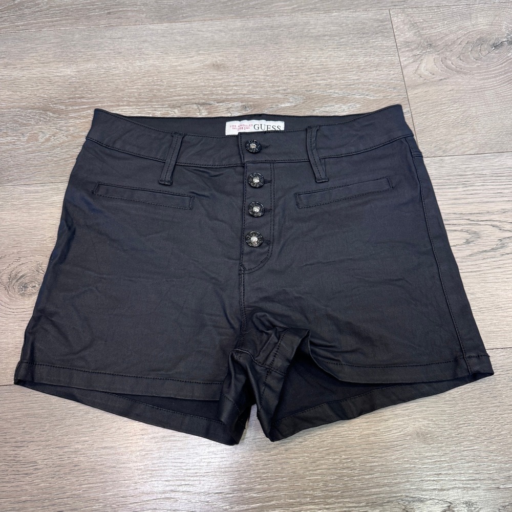 GUESS Black Coated Denim High Rise Button Fly Shorts Size 26‎ or 2